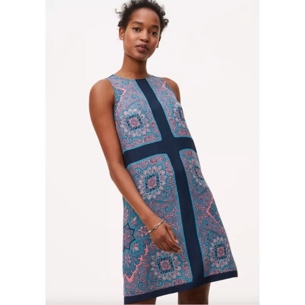 Ann Taylor LOFT Floral Medallion Shift Dress Blue Pink White XS